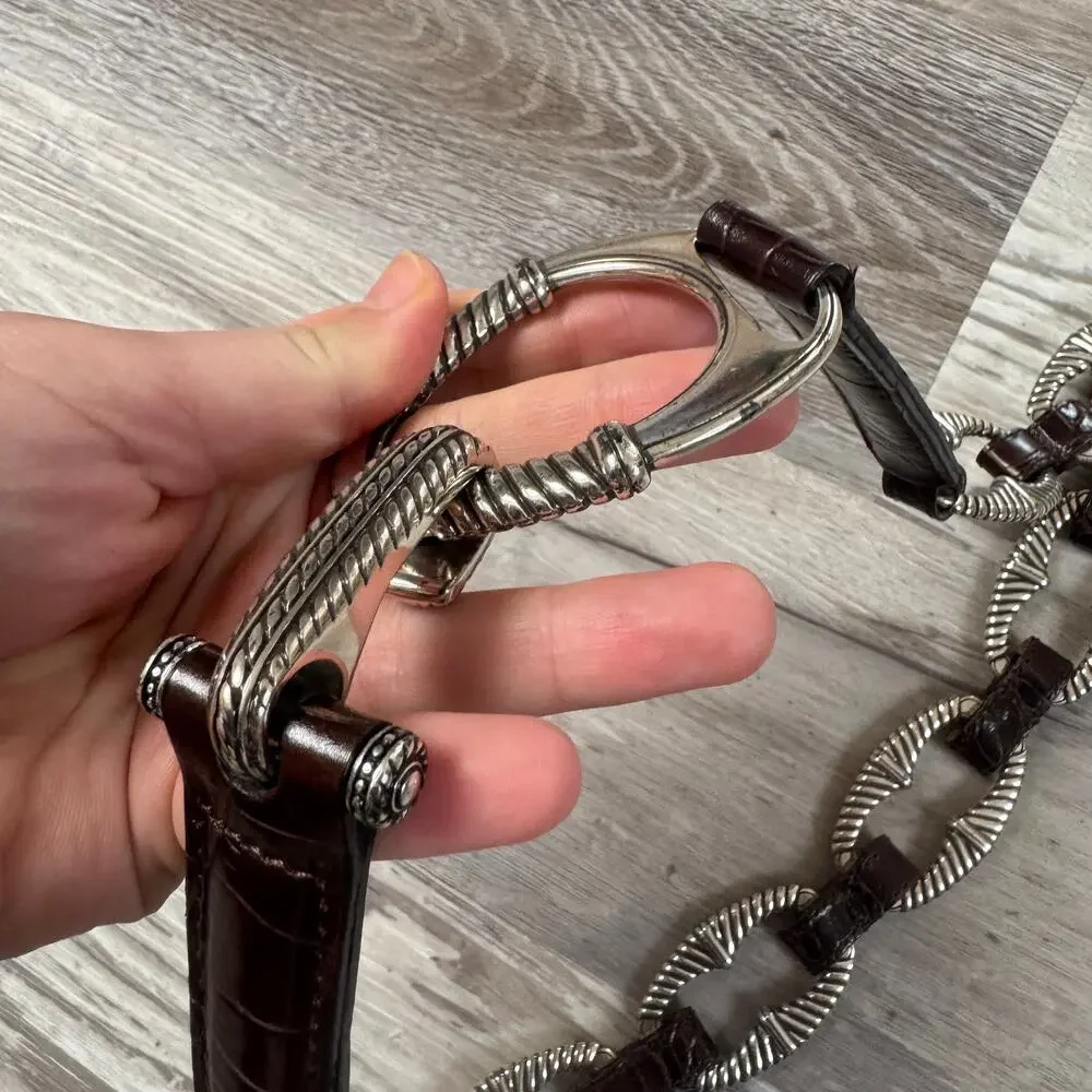 Statement Leather Chain Belt Brown Croc Embossed Silver Hardware Women's Medium